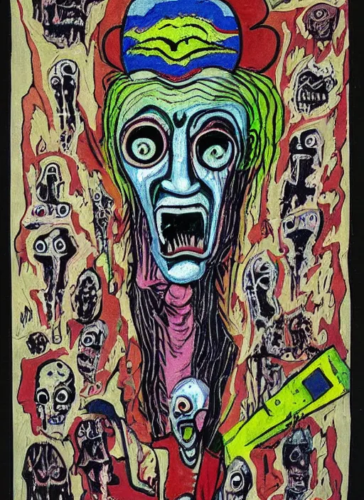 Image similar to a horror mad portrait of extraterrestrial art brut by a psycho man, full color outsider crazy marginal art