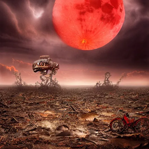 Prompt: red moon over stormy desert, huge clouds in the form of a gigantic octopus, 3 train wrecks are scattered in desert scrap yard, dappled silver lighting, epic, atmospheric, highly detailed, by igor morski, jacek yerka, alexander jansson, james christensen, tomek setowski