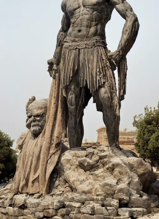 Image similar to colossal statue of an old king at the entrance of an ancient greek harbor, greg rutkowski, 8 k, shallow depth of field, intricate detail, concept art,