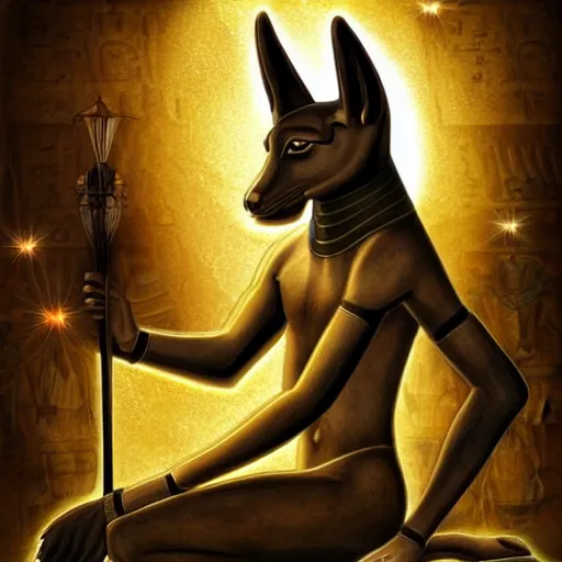 Image similar to anubis, egyptian art, lying in bed, sparkles all around, fantasy digital art, wow, stunning, hight quality
