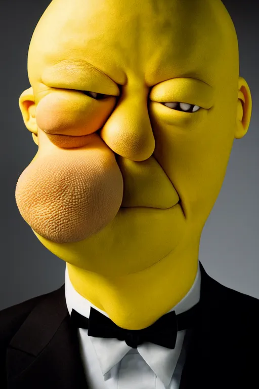 Image similar to studio portrait of man that looks excactly like homer simpson, lookalike, as if homer simpson came to life, soft light, black background, fine details, close - up, award winning photo by eric lafforgue