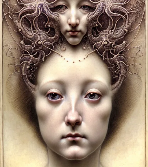 Prompt: beautiful young orchidwoman detailed realistic porcelain face portrait by jean delville, gustave dore, iris van herpen and marco mazzoni, art forms of nature by ernst haeckel, art nouveau, symbolist, visionary, gothic, neo - gothic, pre - raphaelite, fractal lace, intricate alien botanical biodiversity, surreality, hyperdetailed ultrasharp octane render