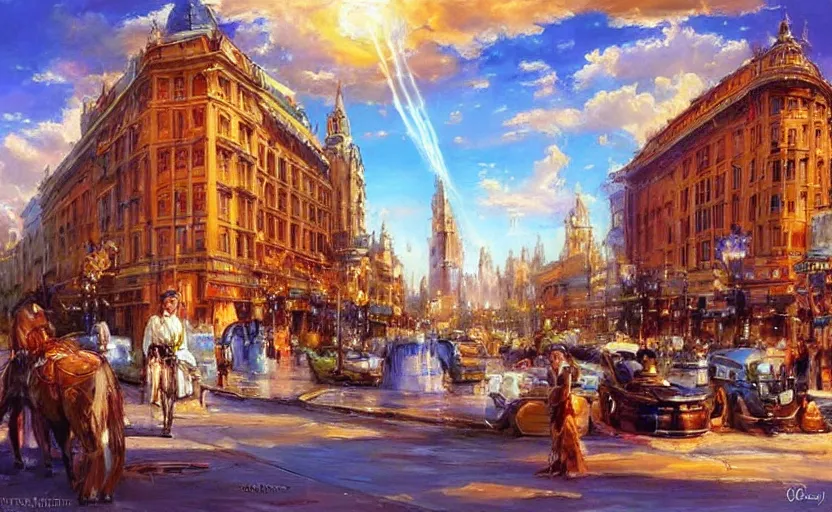 Image similar to Beautiful alchemy cityscpae, a big saturn is in the sky. By Konstantin Razumov, highly detailded