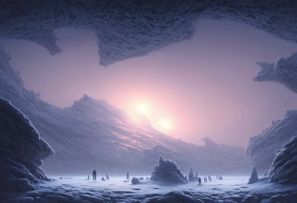 Prompt: ground level view of the surface of frozen winter alien planet at sunset, ultra high definition, ultra detailed, symmetry, fog, matte painting, by greg rutkowski and ross tran and wlop