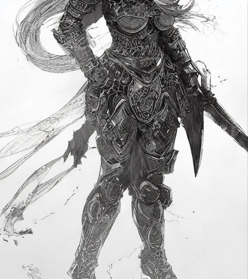 Image similar to anime woman in armor, pen and ink, intricate line drawings, by craig mullins, ruan jia, kentaro miura, greg rutkowski, loundraw