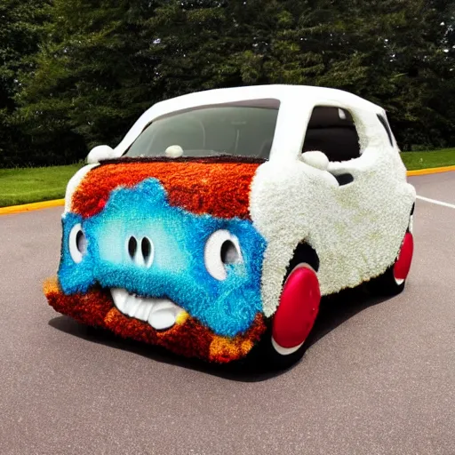 Prompt: A goofy car with a furry carpet outside