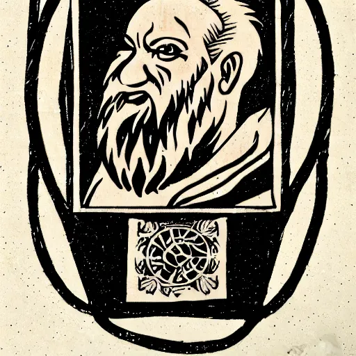 Image similar to tattoo design, stencil, a tarot card of an old man with a beard in the wind