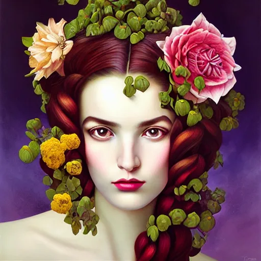 Image similar to dynamic composition, a painting of woman with hair of ( summer flowers )!! and vines wearing ornate earrings, ornate gilded details, a surrealist painting by tom bagshaw and jacek yerga and tamara de lempicka and jesse king, featured on cgsociety, pop surrealism, surrealist, dramatic lighting, wiccan, pre - raphaelite