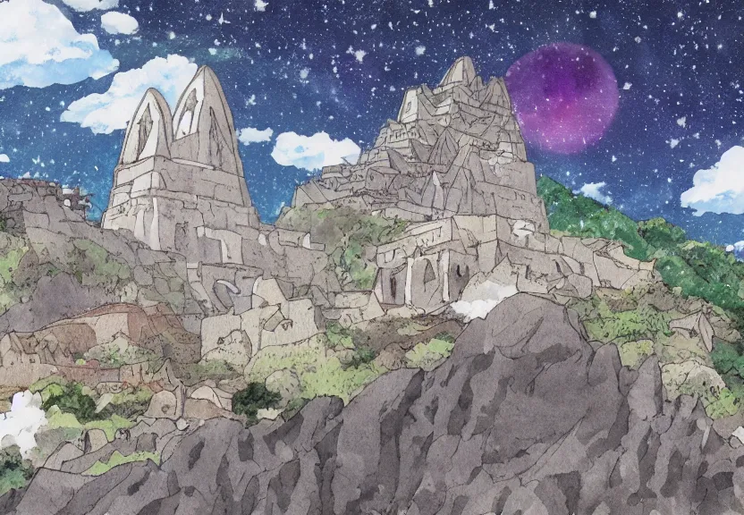 Prompt: a cell - shaded watercolor concept art from a studio ghibli film showing one giant grey griffon. a temple is under construction in the background in machu pichu on a misty and starry night. by studio ghibli. very dull muted colors