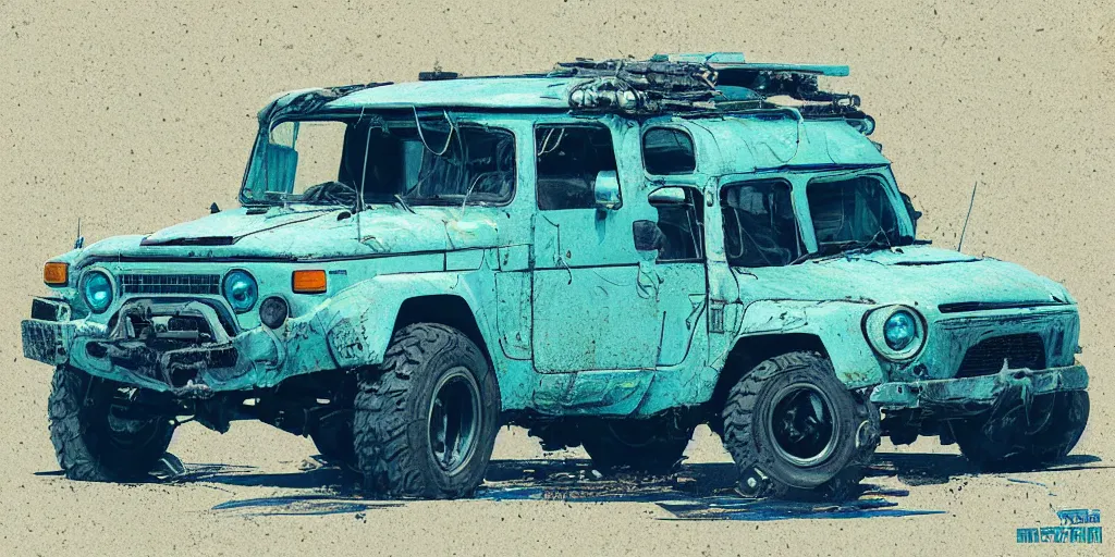 Image similar to digital illustration of a futuristic faded cyan mad max's fj 4 0 decrepit!!!! pursuit special, rusty!!! cyberpunk nissan fj cruiser heavily modded 1 9 9 0 s, the last v 8 interceptor by makoto shinkai, ilya kuvshinov, lois van baarle, rossdraws, basquiat