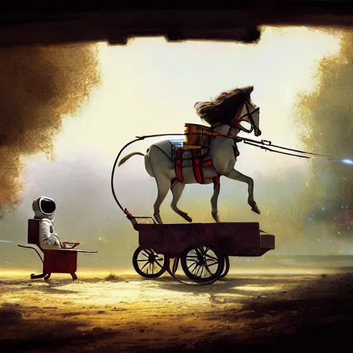 Image similar to аn anthropomorphic astronaut horse is being driven by a man on a cart, hyperrealism, no blur, 4 k resolution, ultra detailed, style of ron cobb, adolf hiremy - hirschl, syd mead, ismail inceoglu, rene margitte