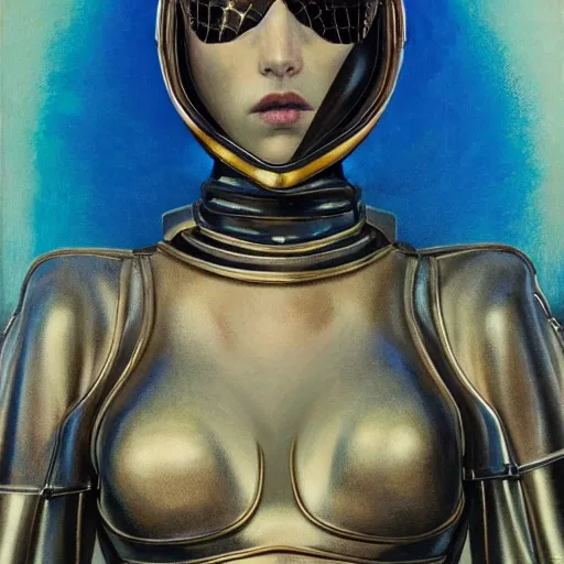 Image similar to portrait of beautiful gothic and futuristic fashion model, space armour, cyber armour, highly detailed, artstation, illustration, composition, 8 k quality, art by jean delville, rene magritte, hyperrealism oil painting