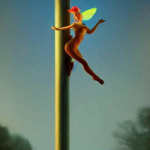 Image similar to A beautiful pole-dancing fairie, cinematic lighting, soft bokeh, fantasy, modern, colourful, highly detailed, digital painting, artstation, deviantart, concept art, sharp focus, illustration, by Edward Hopper and Rene Magritte