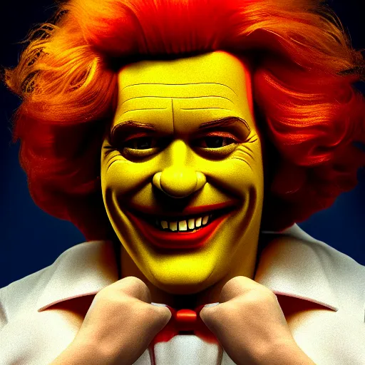 Prompt: film still photo portrait of ronald mcdonald with the face of joaquin phoenix, ronald mcdonald, realistic, hyperrealistic, 8 k resolution, hd quality, very detailed, highly detailed, intricate details, real life, real world, trending on artstation, digital art, really realistic, very realistic, headshot, head in frame, photograph, portrait