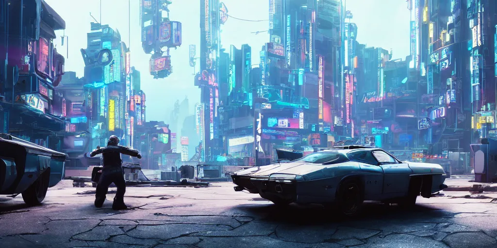 Image similar to a wholesome animation key shot of a quadra type 66 avenger as a Cyberpunk 2077 loading screen, medium shot, architecture, studio Ghibli, Pixar and Disney animation, sharp, very detailed, high resolution, inspired by Hayao Miyazaki, anime key art by Greg Rutkowski, Bloom, dramatic lighting