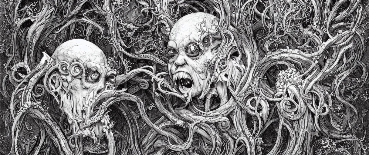 Image similar to centered horrifying detailed side view profile portrait of a insane, crazed, mad old bald zombie, eldritch abomination, dunwitch horror, ornate tentacles growing around, ornamentation, thorns, vines, tentacles, elegant, beautifully soft lit, full frame, by wayne barlowe, peter mohrbacher, kelly mckernan, h r giger