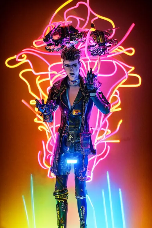 Image similar to full-body neon porcelain bladerunner and baroque style sculpture of a young flirty handsome Spanish prince as a high-fashion half-robot with a porcelain chest opening exposing a battery leaking radioactive liquid and electric sparks, glowing red laser beam eyes, crown of giant sapphires, flowing pink and orange neon-colored silk, luminescent fabrics, mechanical raptors. baroque and steampunk elements. full-length view. baroque element. intricate artwork by caravaggio. Very very very very highly detailed epic photo of face. Trending on artstation, octane render, cinematic lighting from the right, hyper realism, octane render, 8k, depth of field, 3D