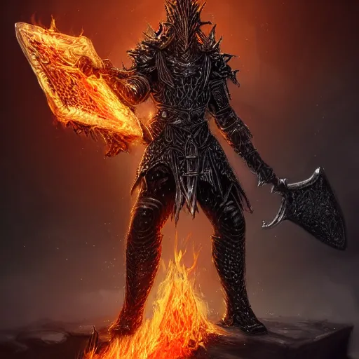 Image similar to a man in black-crystal armor surrounded by flames wielding a battle-axe made of black crystals. ,D&D, fantasy, elegant, hopeful, muscular, highly detailed, digital painting, artstation, concept art, smooth, sharp focus, illustration