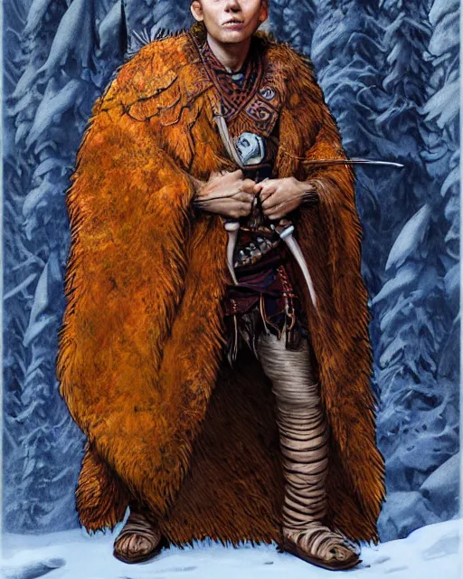 Prompt: Bjørn, a young male shaman wearing a bearskin cloak, portrait, D&D, fantasy, highly detailed, full-length portrait, digital painting, sharp focus, illustration, art by larry elmore and greg rutkowski and frank frazetta. Colorized.