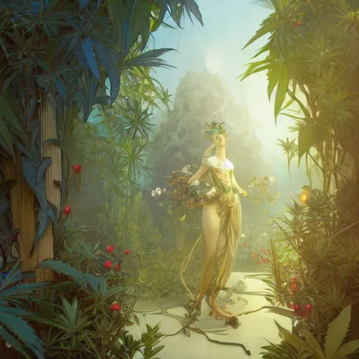 Image similar to a cannabis plant, bio vegetal concept art, by Peter Mohrbacher and Alphonse Mucha, chess, amazonia, detailed, style, 8k, trending on artstation, unreal engine 4k, detailed, clean background trending, full shot, symmetrical portrait, sophisticated, Unreal engine, dystopia, anti-utopia, post processing, psychadelic