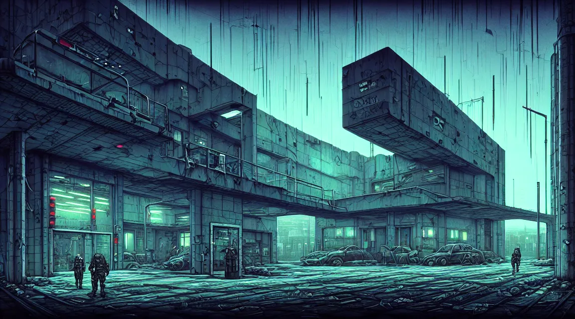 Image similar to post - apocalyptic police station, concrete building, paved roads, by dan mumford, by h. r giger, highly detailed photography, trending on artstation, hyperrealistic, human silhouettes, cyberpunk, environment artist, dystopian, science fiction, synthwave neon retro