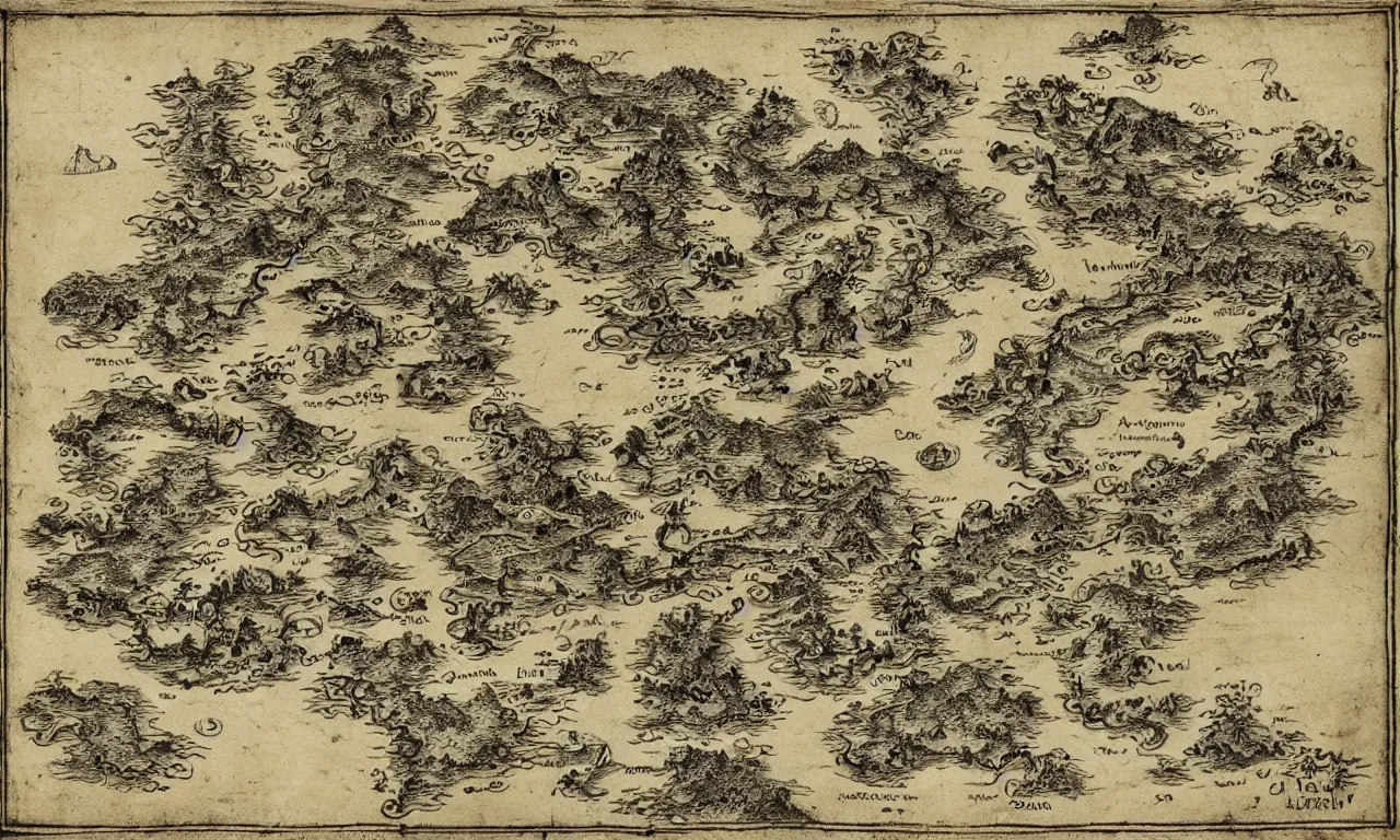 Prompt: ancient map of fantasy land with a castle and dragons, sepia