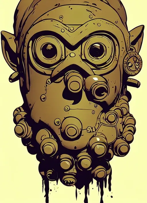 Image similar to biopunk goron mask link from zelda!! portrait illustration, pop art, splash painting, art by geof darrow, ashley wood, alphonse mucha, makoto shinkai