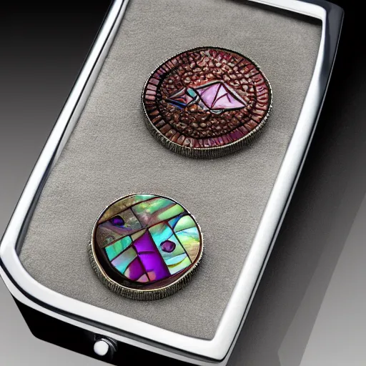 Prompt: block of abalone block of inlaid silver, block of ruby, sand, water reflecting pool coins photo rolex arpels swiss 4 k artstation