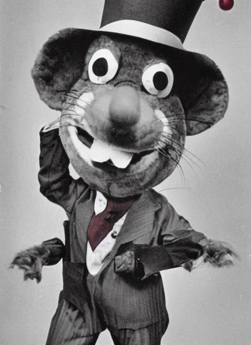 Prompt: Chuck E. Cheese mascot grainy 1940’s circus portrait of an anthropomorphic rat animatronic dressed like a clown, professional portrait HD, mouse, Chuck E. Cheese head, authentic, mouse, costume weird