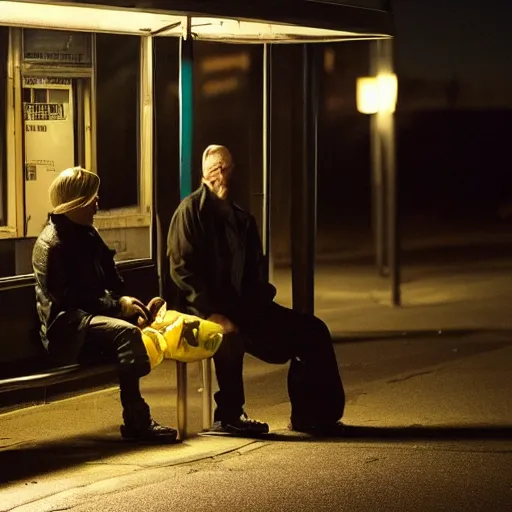 Image similar to a some people waiting in a lone bus stop in quiet dark city in Breaking Bad series