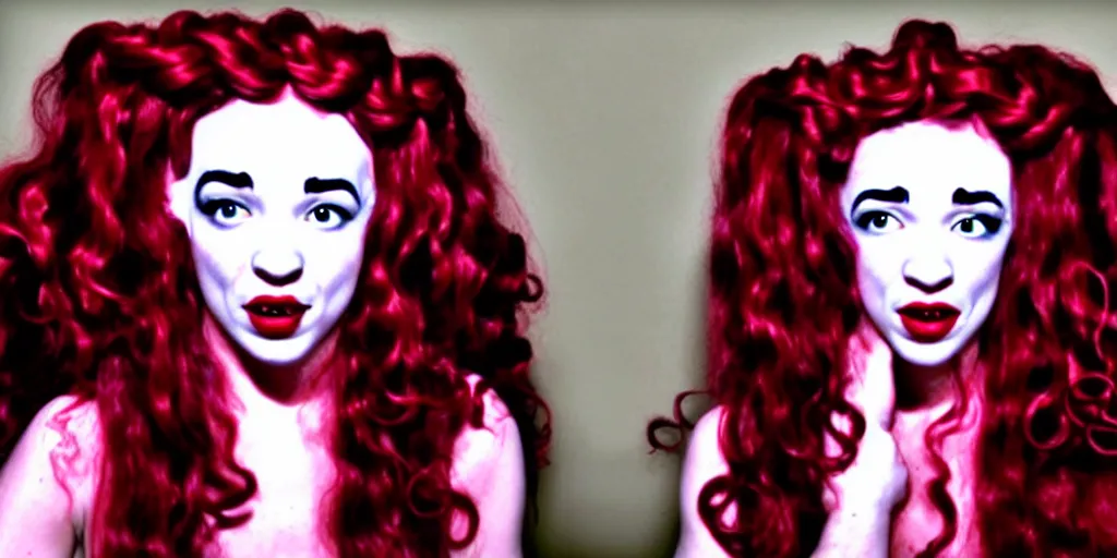 Image similar to camcorder video of young woman as medusa as miranda sings, multiple poses, 6 4 0 x 4 8 0 low resolution video