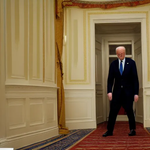 Prompt: biden crashing through door from the movie the shining