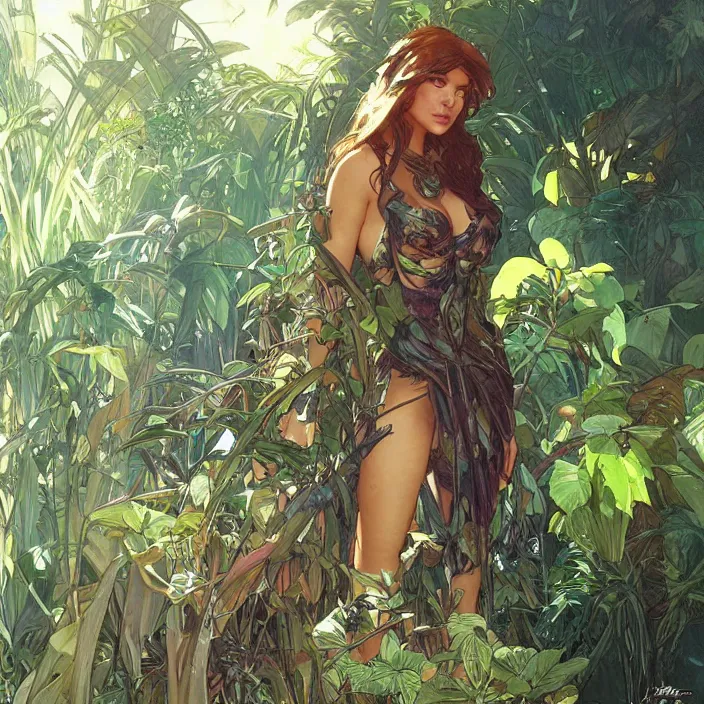 Image similar to leona in a jungle by artgerm, greg rutkowski, alphonse mucha