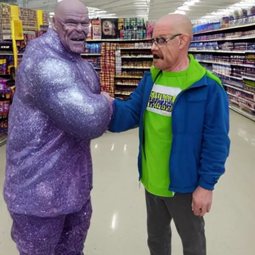 Prompt: walter white shaking hands with thanos at a walmart,