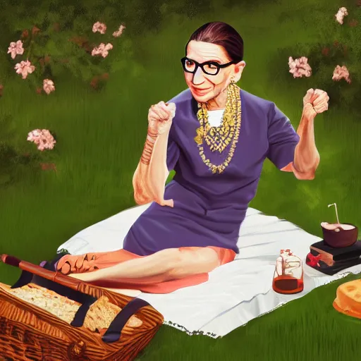 Prompt: Ruth Bader Ginsburg on a picnic, HD detailed photograph, trending on artstation