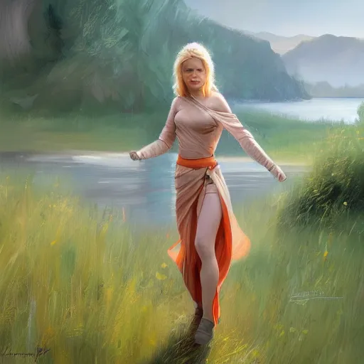 Image similar to blonde female jedi, Swedish countryside, landscape view, archipelago, freedom, abstract, by Vladimir Volegov, wlop, artstation