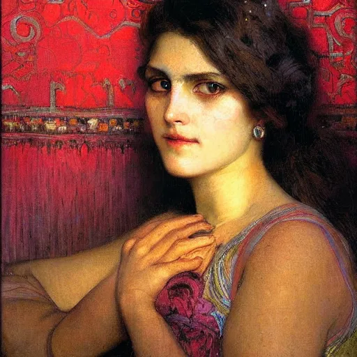 Image similar to beautiful portrait of a soulful elegenat woman against strong crimson background, oil painting, gaston bussiere, mucha, gerome,