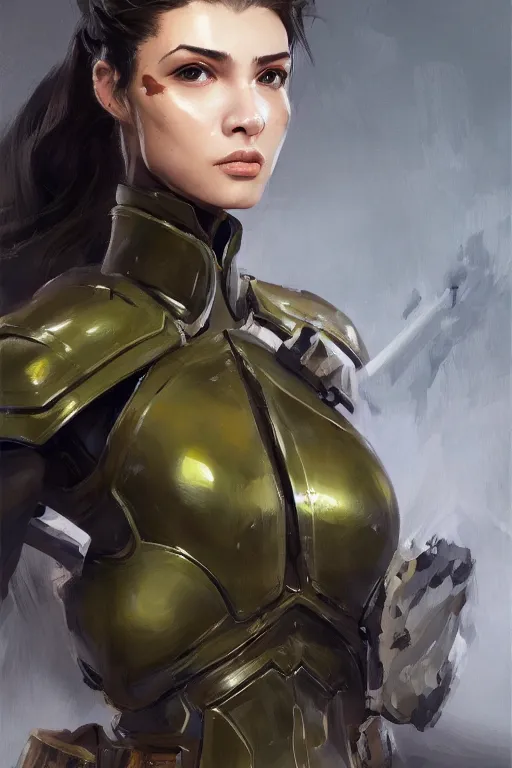 Image similar to a professionally painted portrait of an attractive young woman, clothed in military armor, olive skin, long dark hair, beautiful bone structure, symmetrical facial features, intricate, elegant, digital painting, trending on Artstation, concept art, smooth, sharp focus, illustration, from Metal Gear by Ruan Jia and Mandy Jurgens and Artgerm and William-Adolphe Bouguerea, award winning