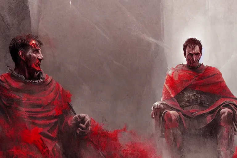 Image similar to the end is near. a tired julius caesar is sitting on his throne. face is highly detailed. splices of red are running down his toga. mist. color scheme red. low angle medium shot. imagined by greg rutkowski and craig mullins