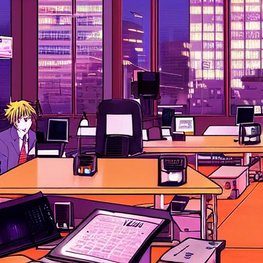 Prompt: wallstreet office with brokers running between the bloomberg terminals, visual novel cg, commodore 6 4, 8 0 s anime vibe, vaporwave nostalgia, tsukihime, muv - luv, baldr sky, kimagure orange road, maison ikkoku, city hunter, great teacher onizuka