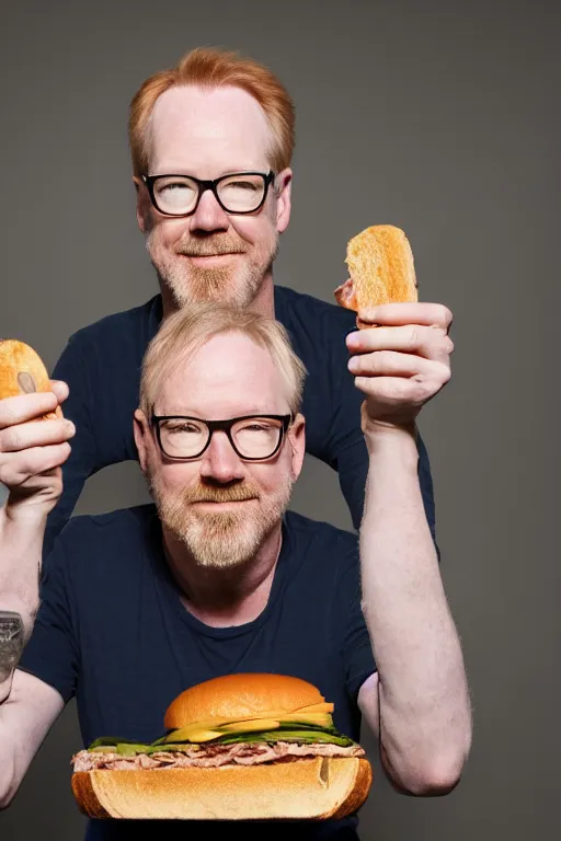 Prompt: 📷 portrait of adam savage with a sandwich head, food head, still image, high resolution, 4 k