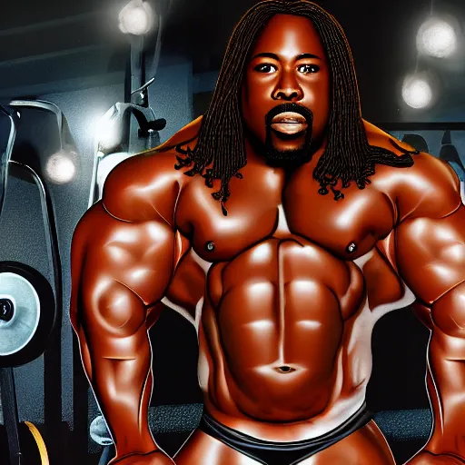 Prompt: Barry white with the physique of a body builder, realistic, detailed, cinematic, dynamic lighting, photorealistic, refined, intricate, digital art, background a gym, masterpiece, 8k