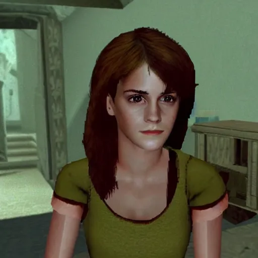 Image similar to Screenshot of Emma Watson in Descent (1995) video game,