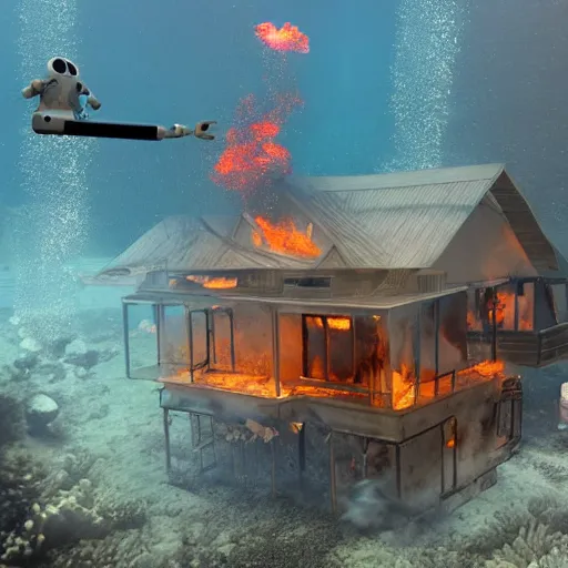 Prompt: a house burning underwater, with a humanoid robot, 8 k resolution, colorful, mariana trench