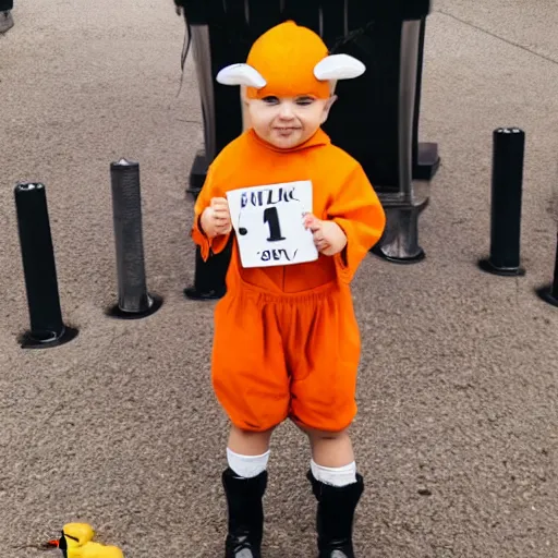 Prompt: photo of a cute chick dressed as an inmate