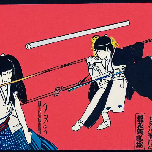 Image similar to Japanese schoolgirl runs away from Samurai with a katana on the subway by Toshio Saeki, high detailed