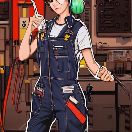 Image similar to Full body portrait of a mechanic in overalls repairing her mech, cyberpunk, illustration, detailed face, detailed background, Ilya Kuvshinov, Hayao Miyazaki, Takashi Takeuchi, Masamune Shirow