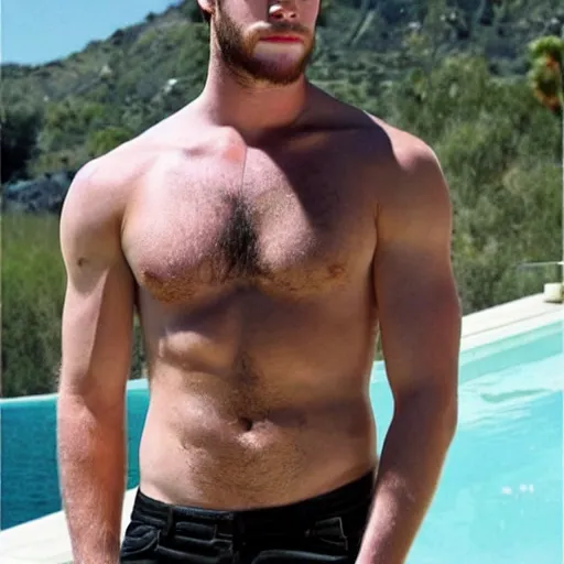 Prompt: a realistic detailed photo of a guy who is an attractive humanoid who is half robot and half humanoid, who is a male android, actor liam hemsworth, shiny skin, posing like a statue, blank stare, by the pool, on display, showing off his muscles