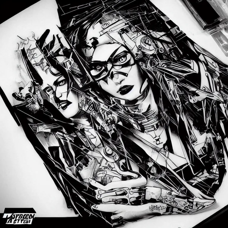 Image similar to cyberpunk black and white tattoo design, stencil, by artgerm,