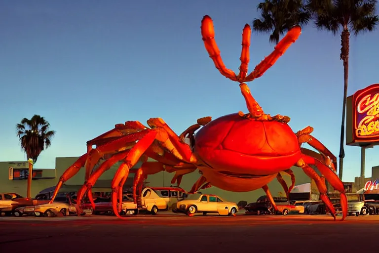 Image similar to giant crab attacking a california drive in, in 2 0 1 2, cutecore, y 2 k, bathed in the the glow of the sunset, low - light photograph, in style of monkeybone